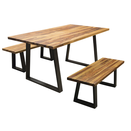 AMERIHOME Dining Table Set, 63"X37" W/ 2 Benches, Rosewood Top and Metal Legs HCDTBENCHSET